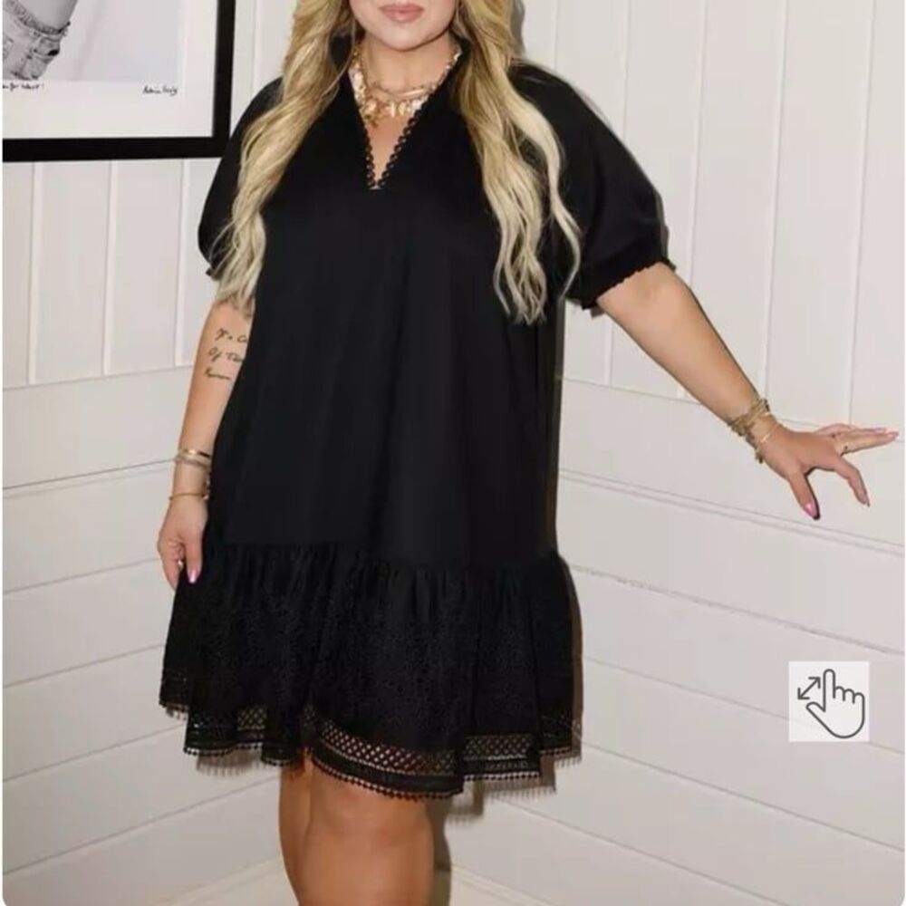 Belle Isle Torrid Drop Waist Shirt Dress Solid Black Lace Trim Puff Sleeves Sz 1